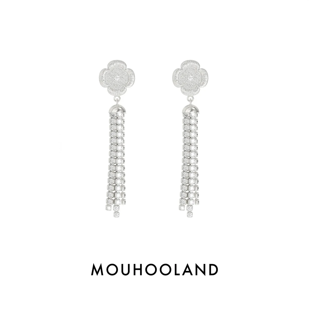 铜合金锆石耳饰 蕾丝刺绣小花流苏耳钉925银针原创设计轻奢