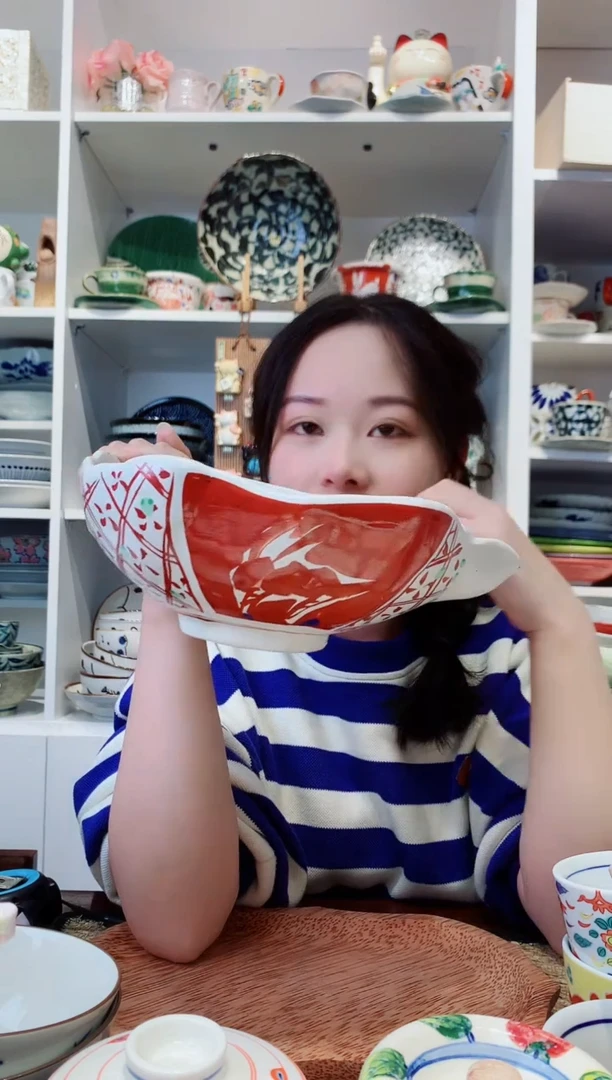 陶瓷濑户烧手绘赤绘尖嘴碗23cm