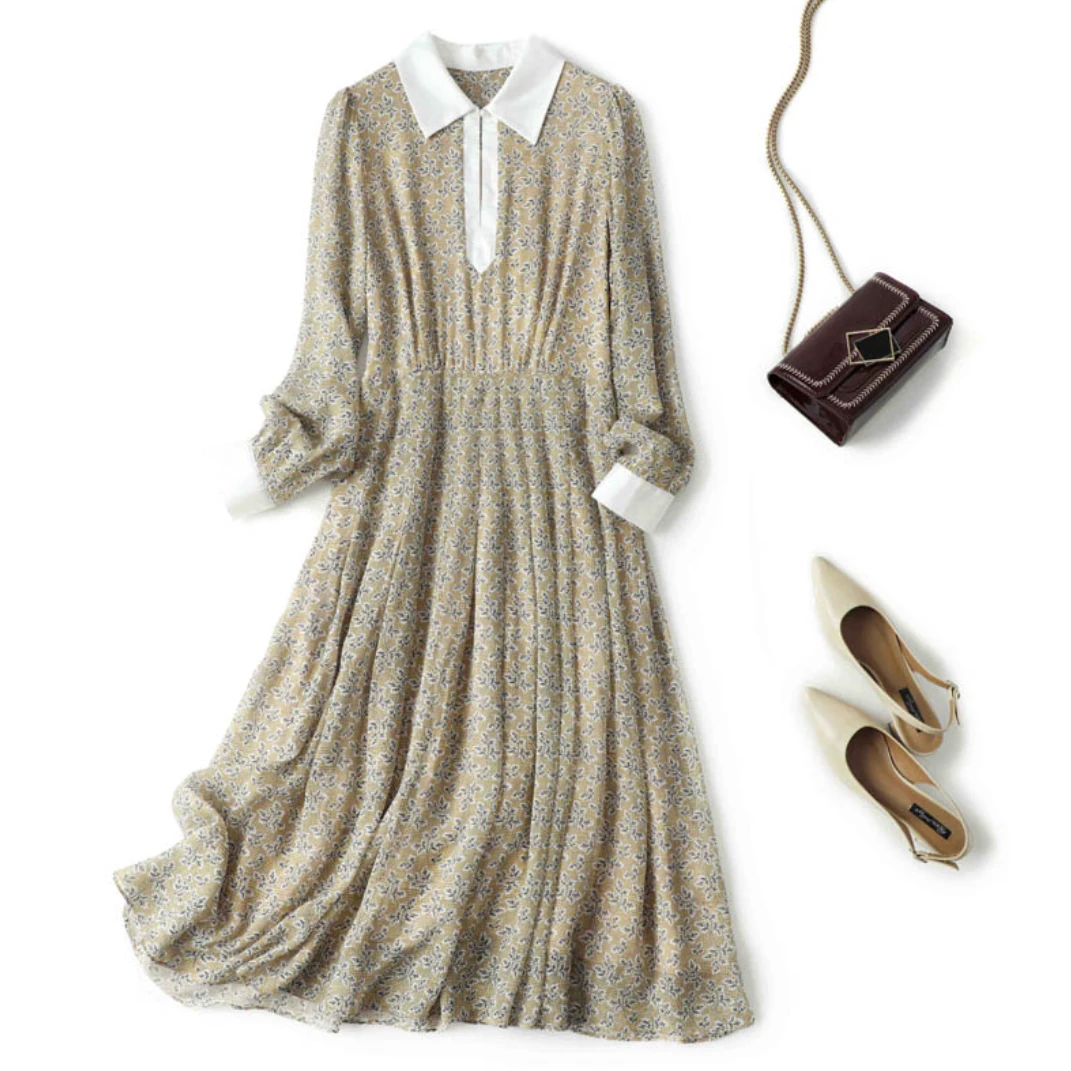 气质收腰显瘦翻领真丝连衣裙D9007966