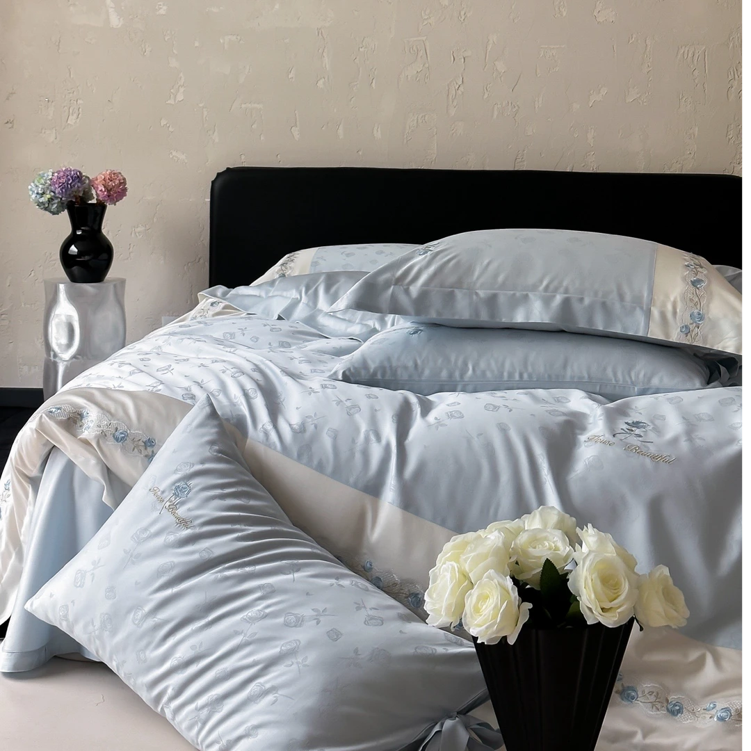 花漾玫瑰  天丝棉轻奢提花加绣花简约款 四柔软亲肤丝带款四件套