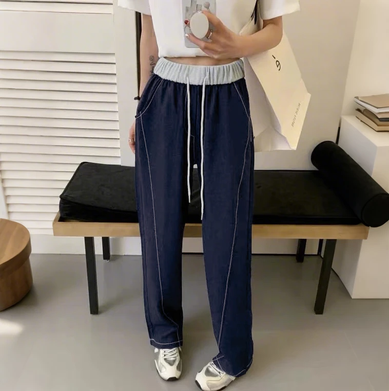 拼接腰头撞色设计云感牛仔裤2025春季新款休闲高腰弯刀裤K829