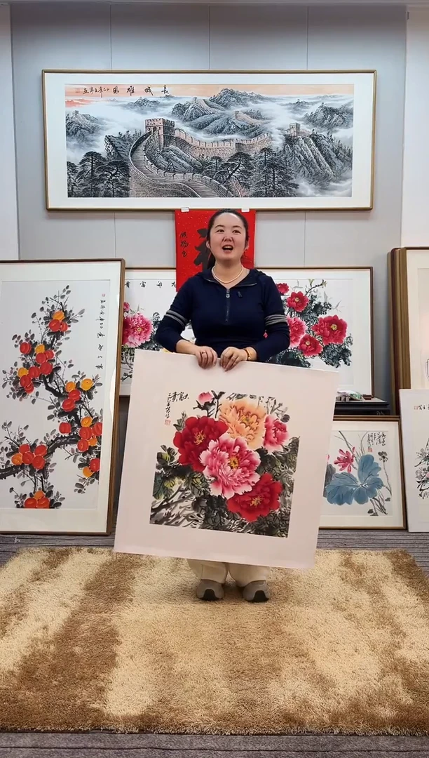 国画手绘牡丹83*83尺寸