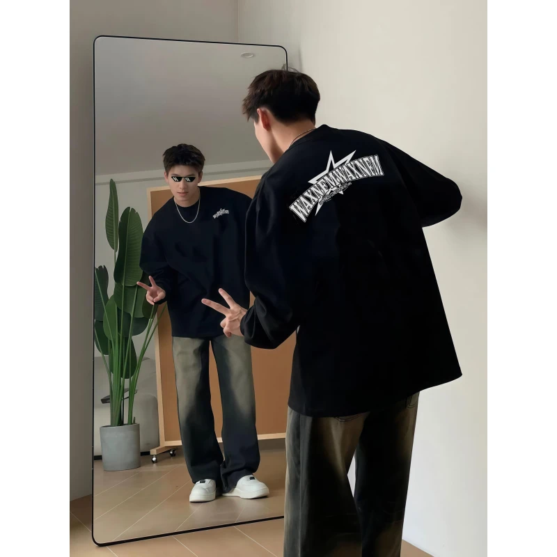 秋冬长袖重磅纯棉高街潮牌T恤百搭宽松男生休闲圆领i美式ns打底衫