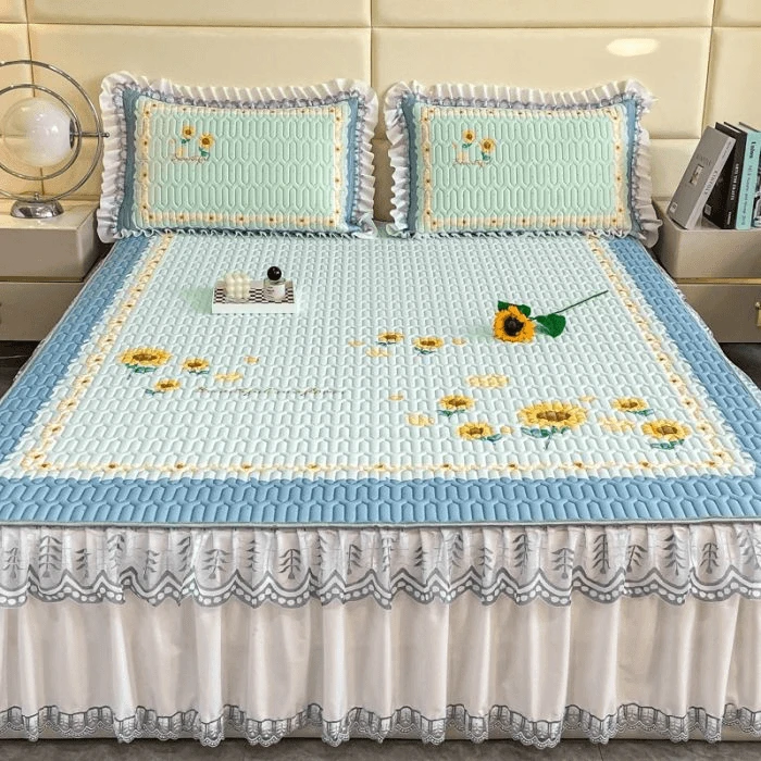 夏季冰丝席舒适简约乳胶凉席三件套冰丝凉席单双人床裙家用可机洗