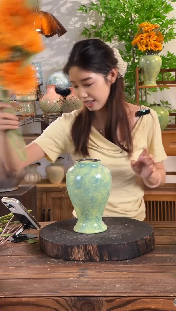 [绿野仙踪-中号美人花瓶】复古绿色陶瓷花瓶干花鲜花陶罐桌面斗柜