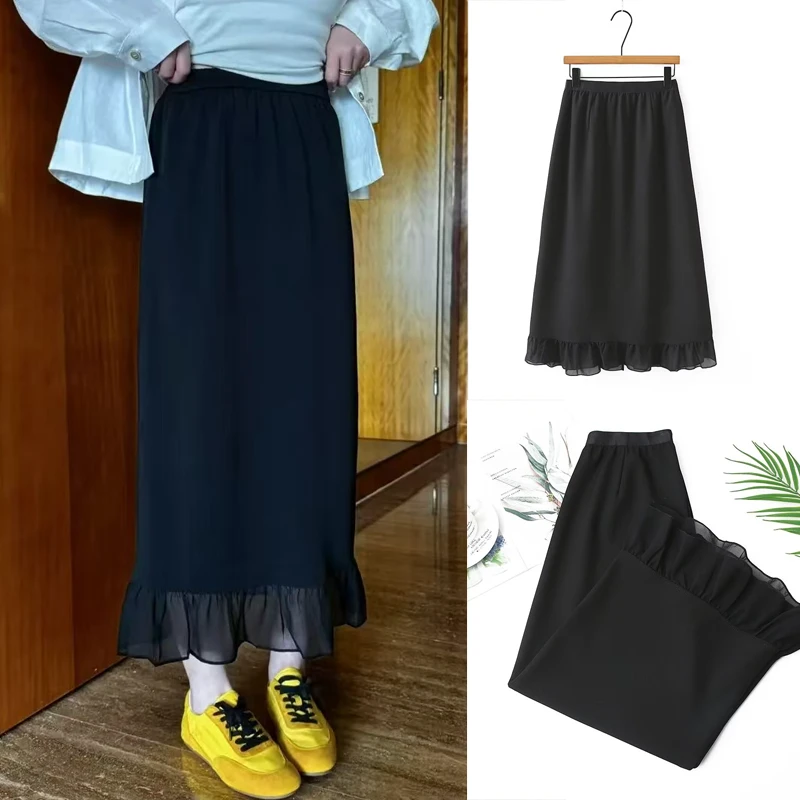 夏季女装高腰松紧带中长裙荷叶边半身裙气质中长款休闲开叉裙6207