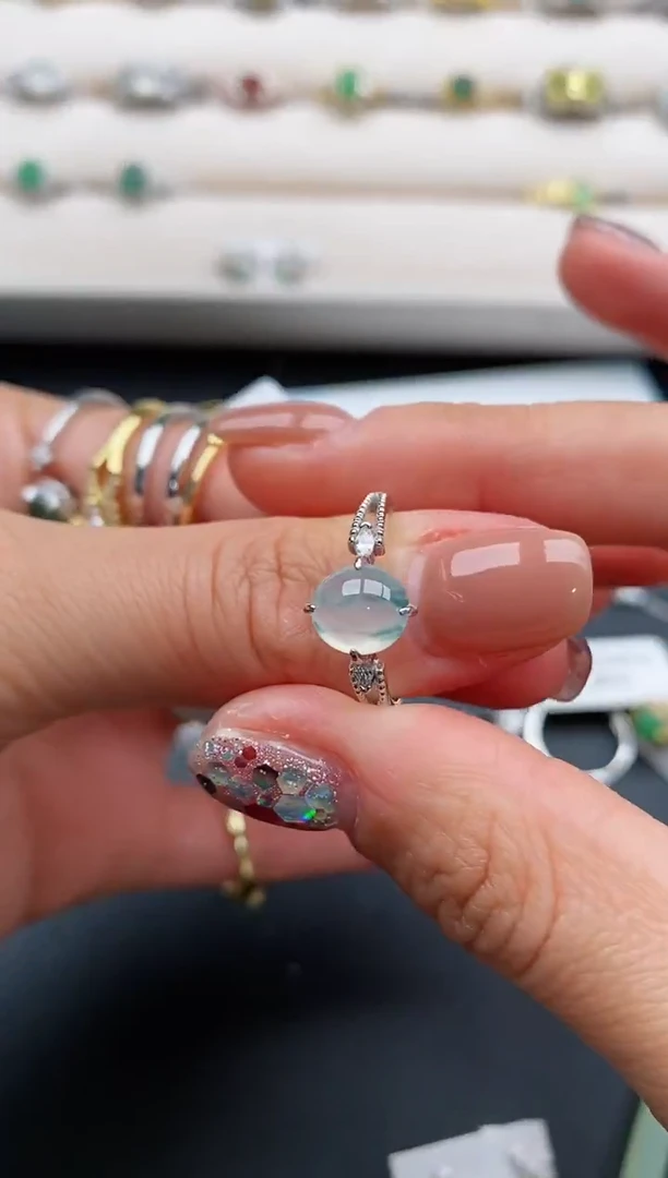 银S925镶嵌戒指翡翠天然缅甸A货翡翠33  5-