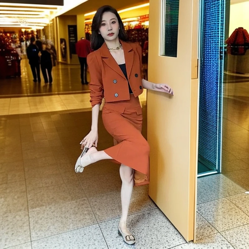 轻奢时尚套装裙2025年春夏新款纯色修身显瘦双排扣西服外套半身裙