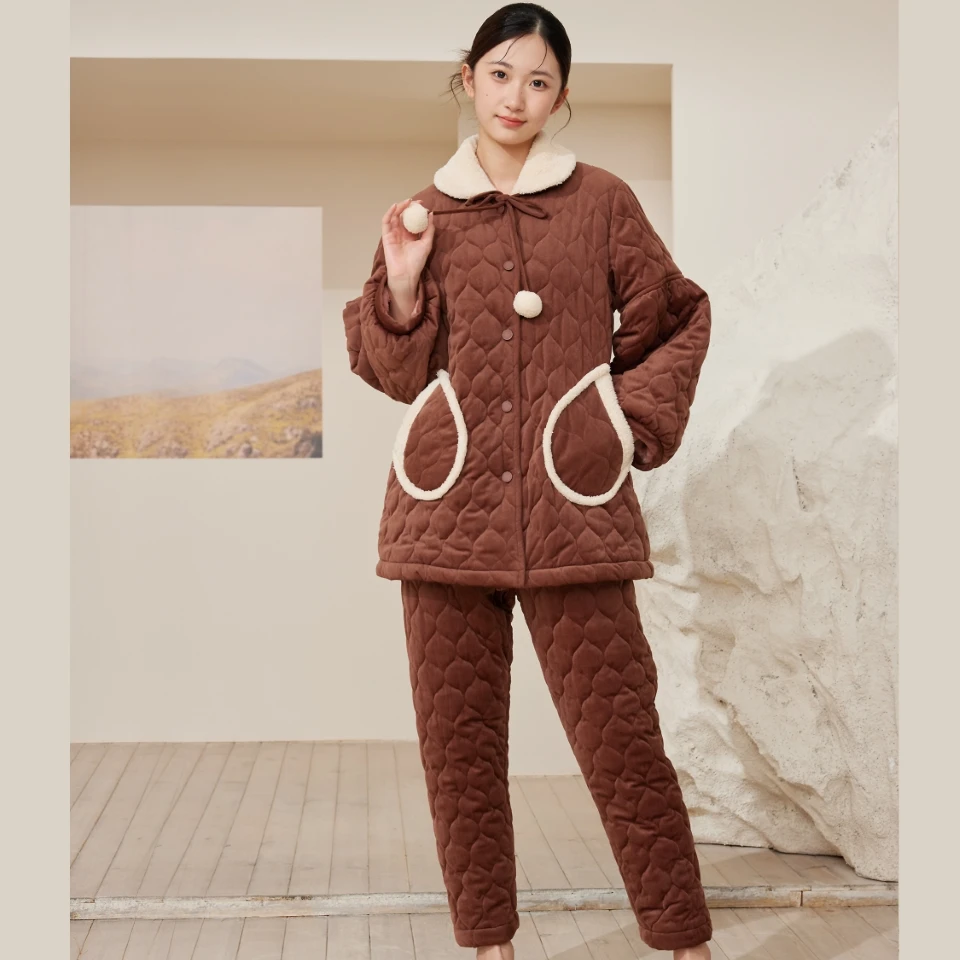 flossy弗劳思女士冬季三层加绒加厚中长款保暖家居服套装CD262