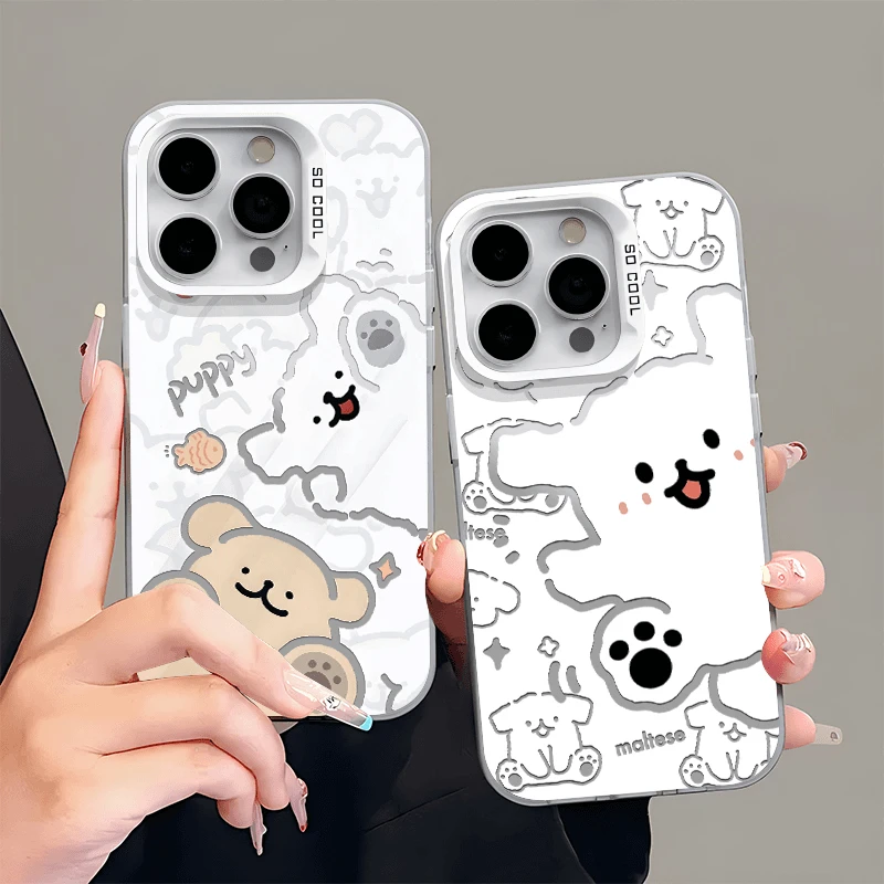 线条小狗彩银适用苹果16promax手机壳华为vivo小米15oppo手机壳