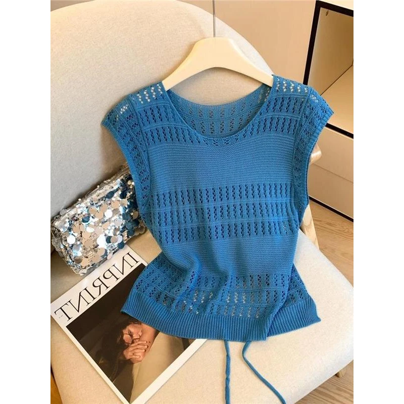 韩系镂空圆领飞飞袖针织衫女夏季新款宽松显瘦后背系带洋气上衣潮