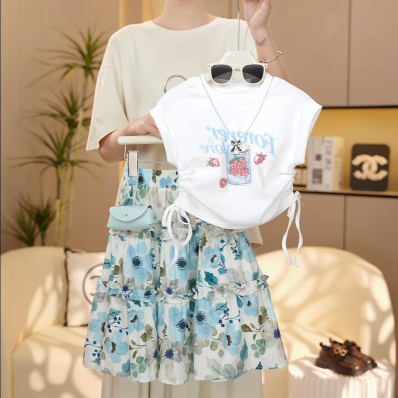 【糖宝魔豆】女童夏季套装新款洋气百搭碎花半身裙女孩时尚抽绳短袖