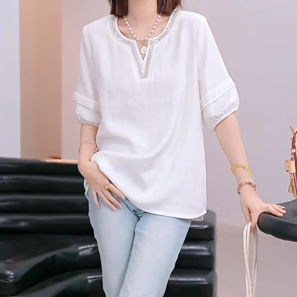 重工设计感时尚减龄百搭V领短袖洋气小衫2025年夏季新款修身上衣