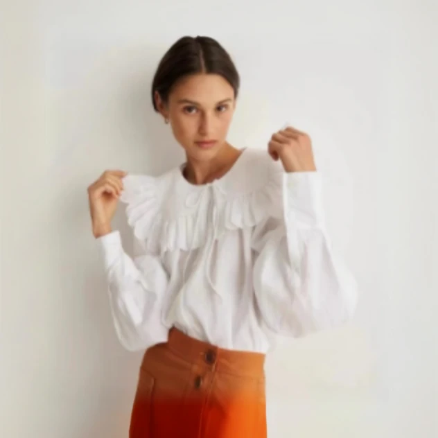 全新未使用  亚麻掐褶可拆卸领灯笼袖衬衫上衣 白色白色TP011062