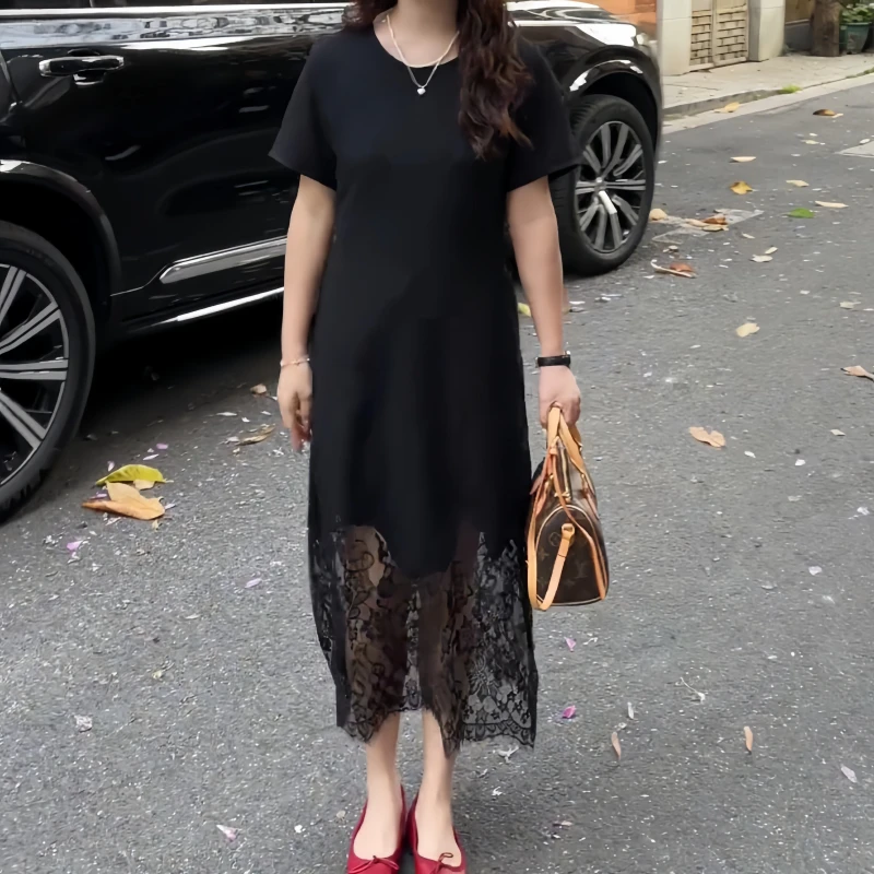 大码女装夏季法式休闲风拼接连衣裙胖mm遮肉显瘦赫本风气质小黑裙