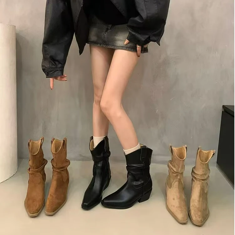 MHYM/一堆堆靴复古绒面短筒靴西部靴褶皱女靴子秋冬新款粗跟短靴