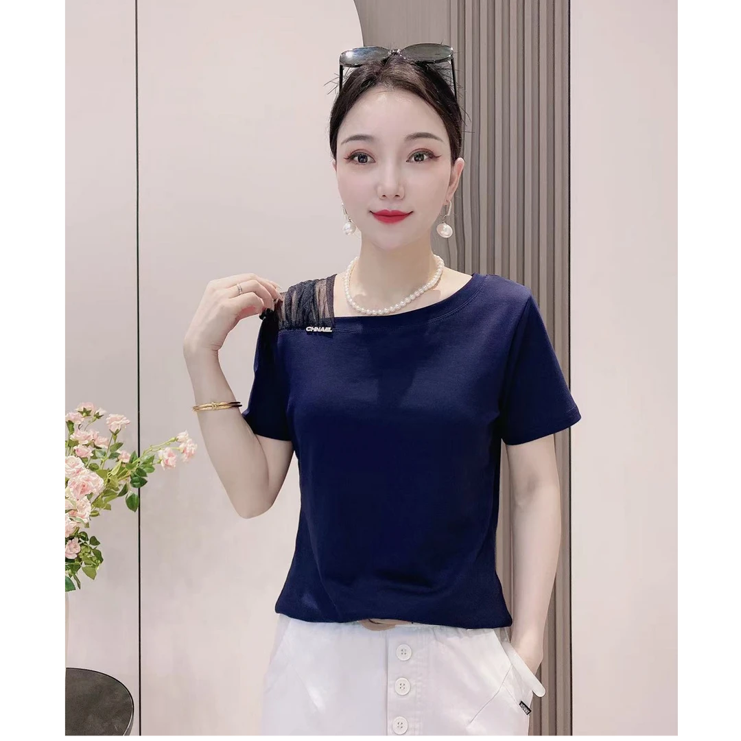 【韩紫朵 】夏季不规则领洋气漏肩网纱时尚百搭t恤显瘦短袖86603