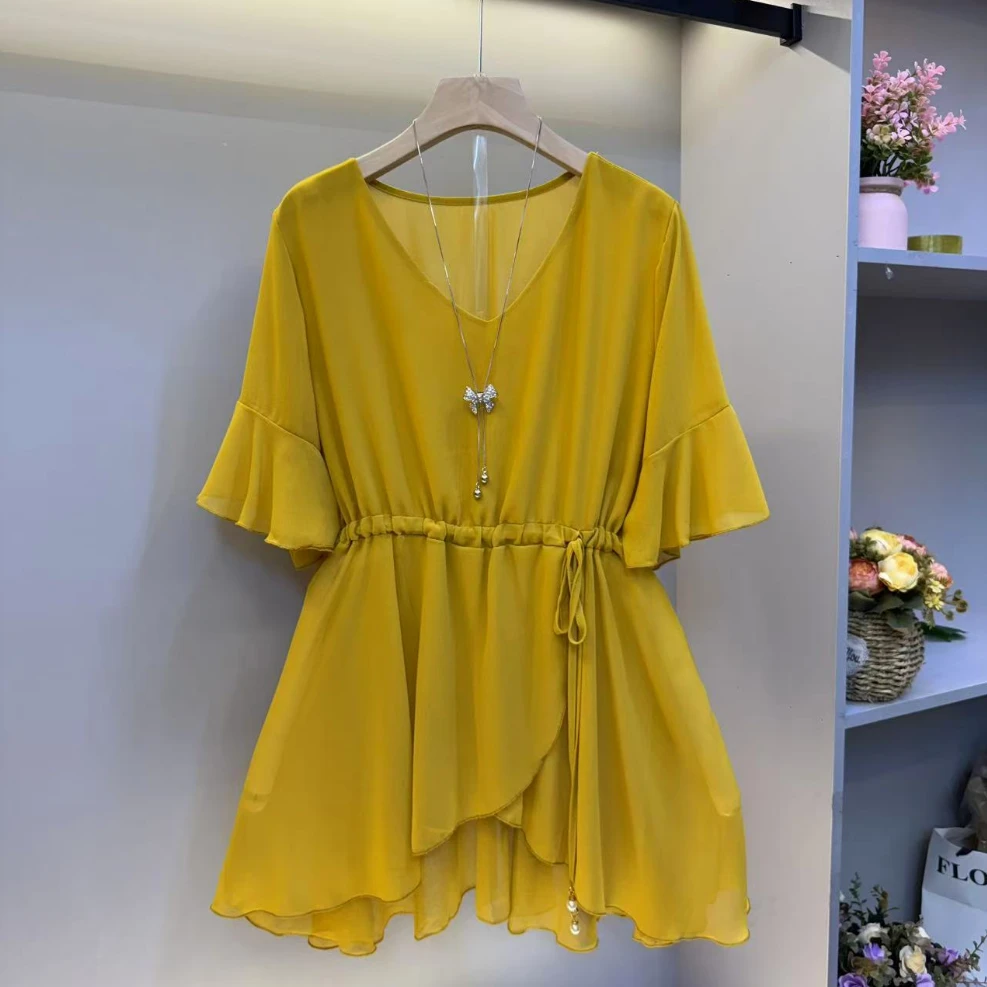 夏季新款大码女装时尚气质V领透气纯色显瘦腰抽绳百搭遮肉大衫