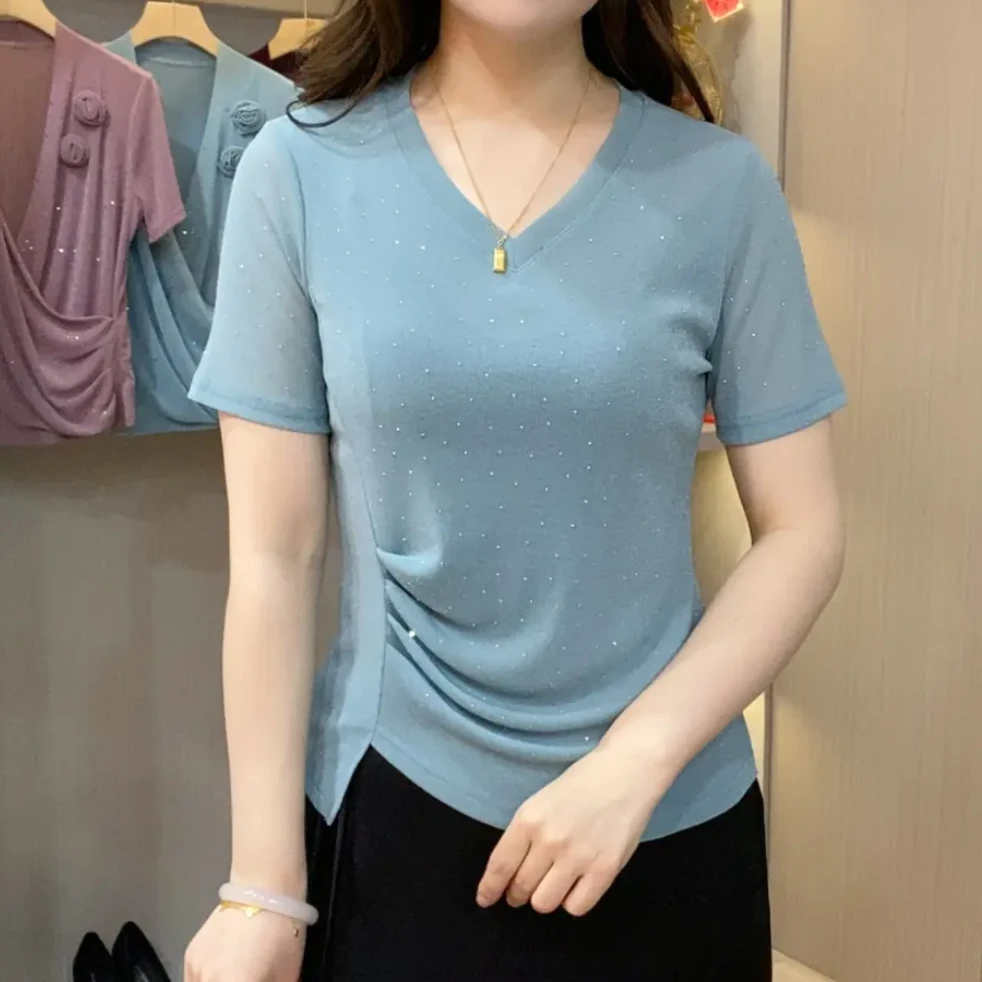 夏季新款时尚洋气V领短袖T恤显瘦减龄网纱烫钻气质修身纯色上衣女