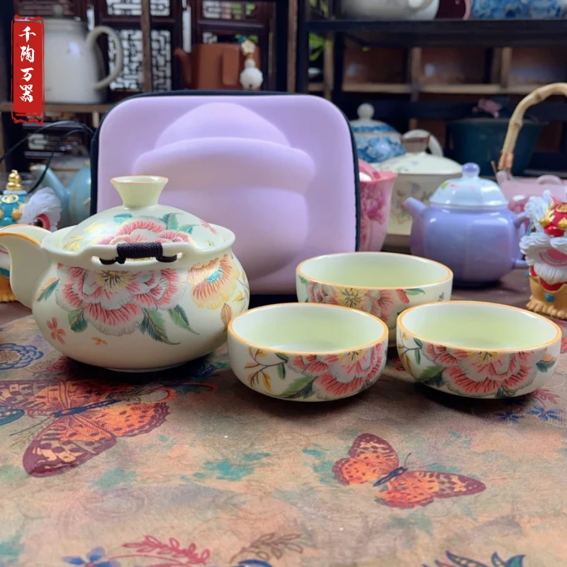 高颜值汝窑手抓壶大号旅行茶具便携式防烫泡茶碗高端功夫快客杯