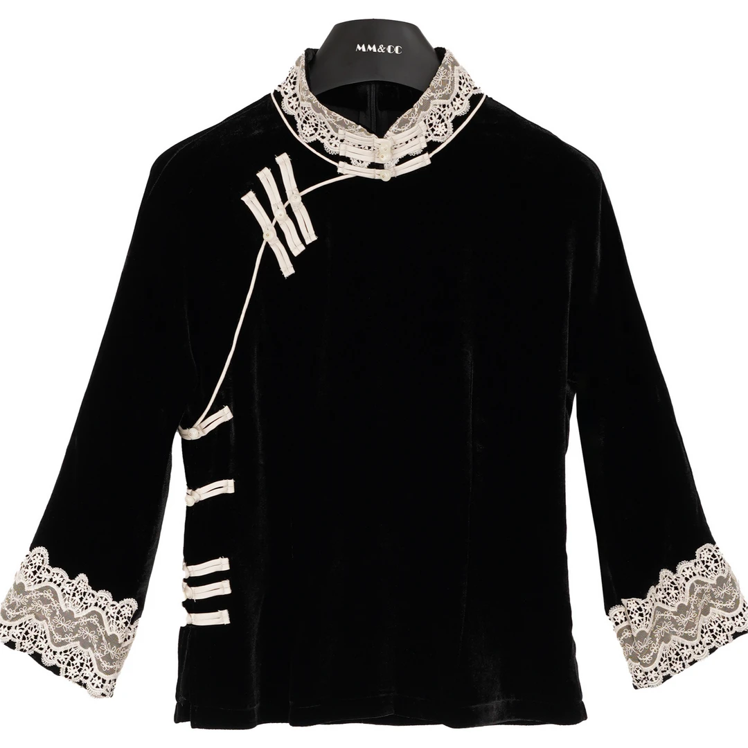 满分桑蚕丝新中式国风改良蕾丝秋丝绒盘扣衬衫女LYFSY0932