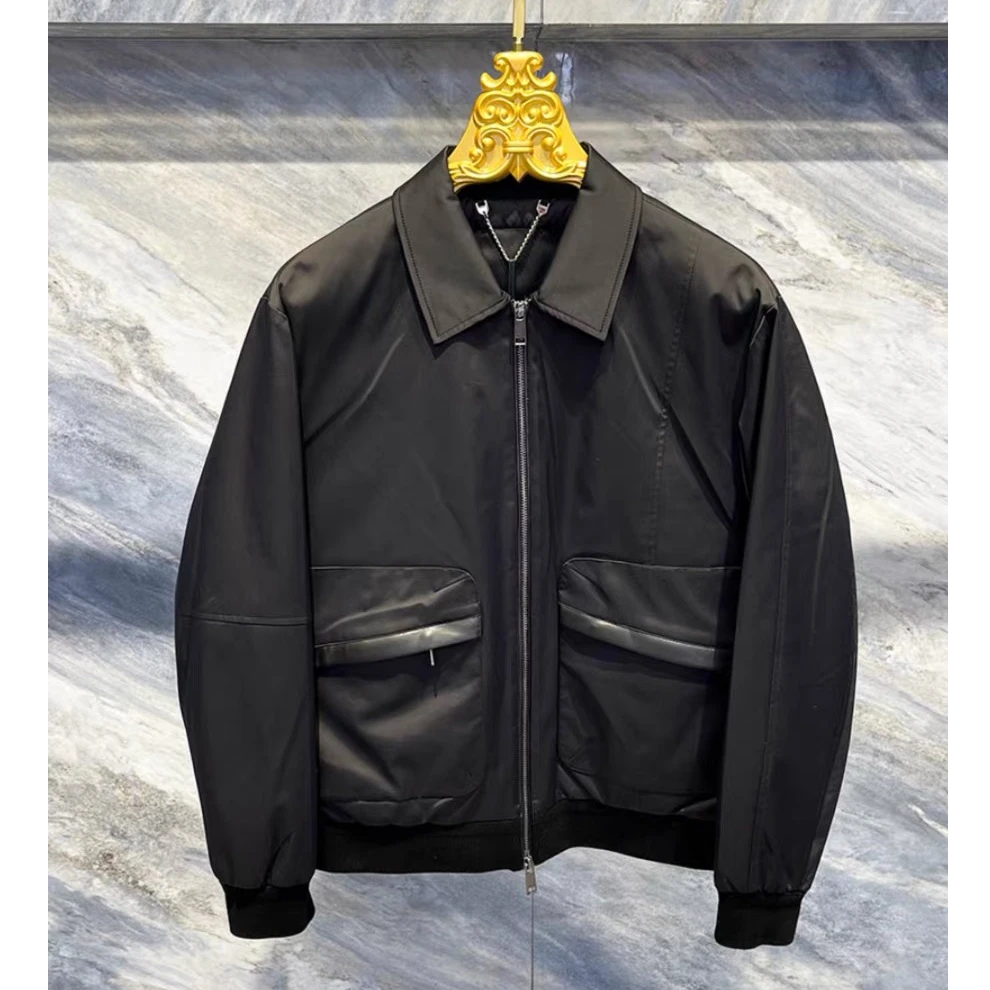 秋冬欧货高端男士休闲百搭拼接皮翻领绒夹克轻奢修身外套KDYR5501