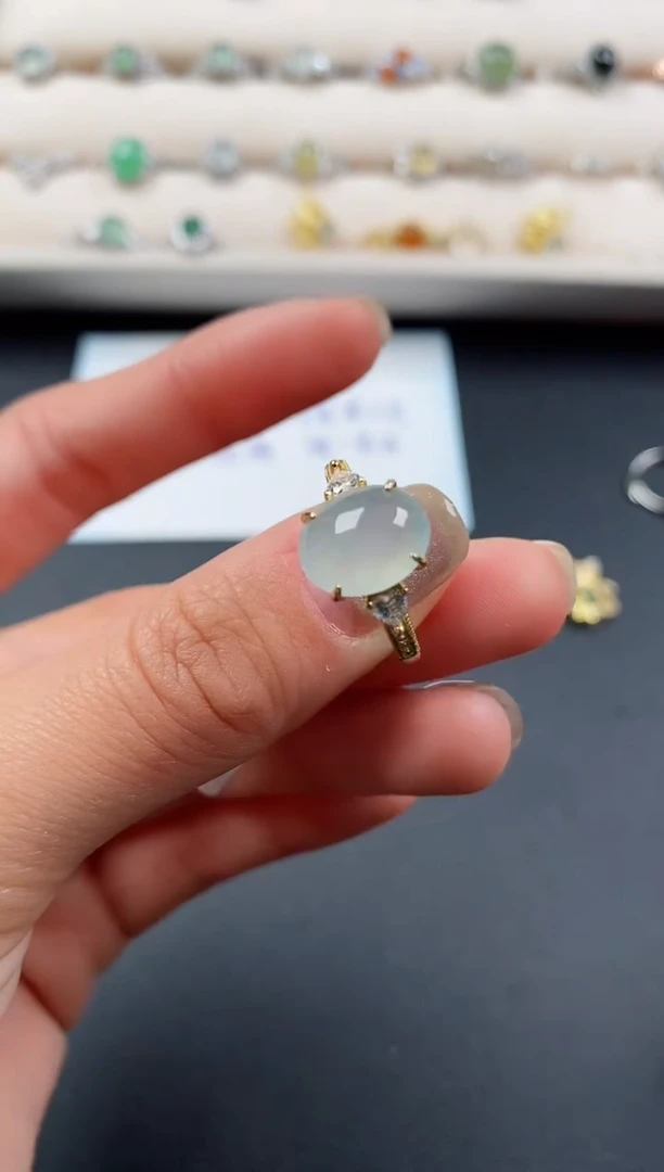 银S925镶嵌戒指翡翠缅甸天然A货翡翠33  5-8