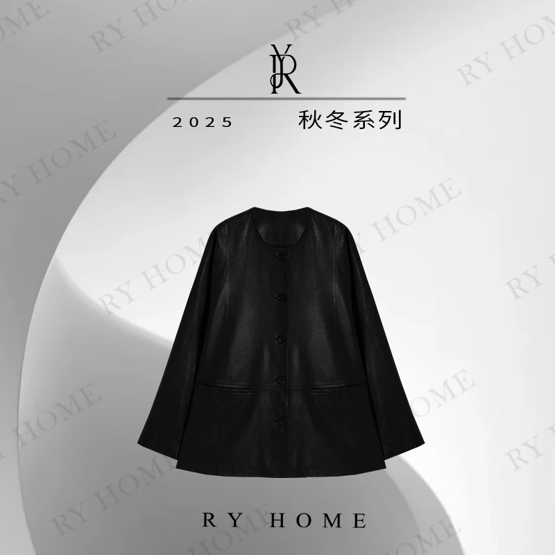 【容雨RYHOME】100%羊皮S时尚宽松单排扣羊皮圆领外套253W2541