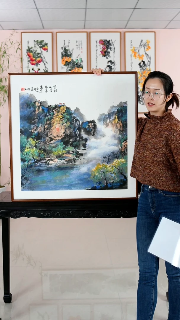 国画王学田《云门仙境福寿康宁》纯手绘檀木框82*82厘米