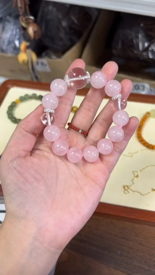 水晶手链未镶嵌马粉粉水晶大珠白水晶手串[0794]