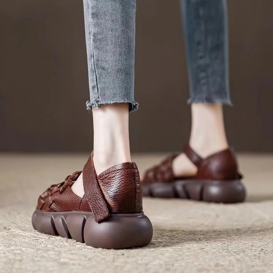 罗马凉鞋女厚底2025夏季新款手工编织软底凉鞋复古松糕包跟凉鞋