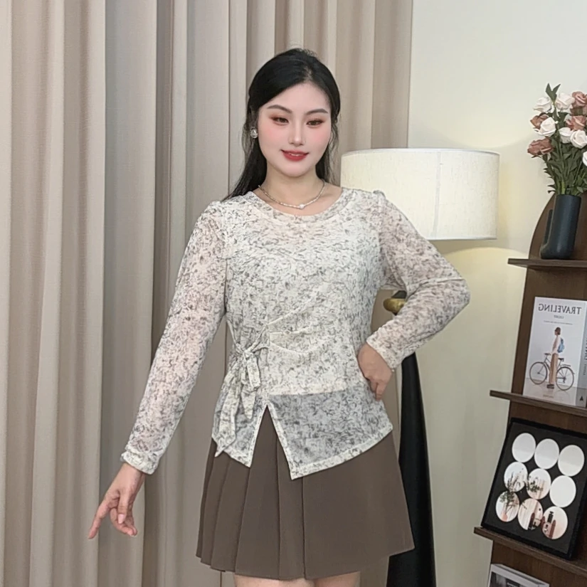 2025早秋新款韩版不规则扎染长袖T恤女修身显瘦绑带斜肩打底上衣