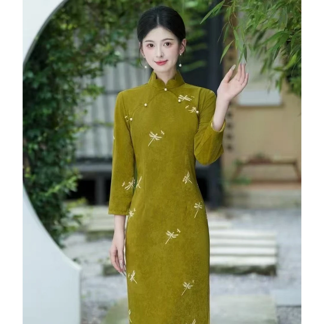 【蜻蜓之恋】秋款衣长118新中式文艺复古旗袍立领显瘦修身连衣裙