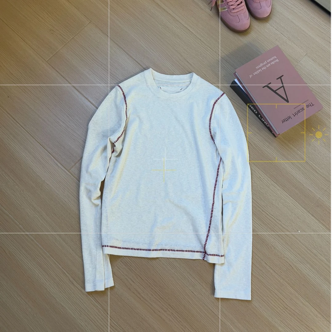 结构主义~撞色线条显瘦长袖打底衫 微透微透 秋款