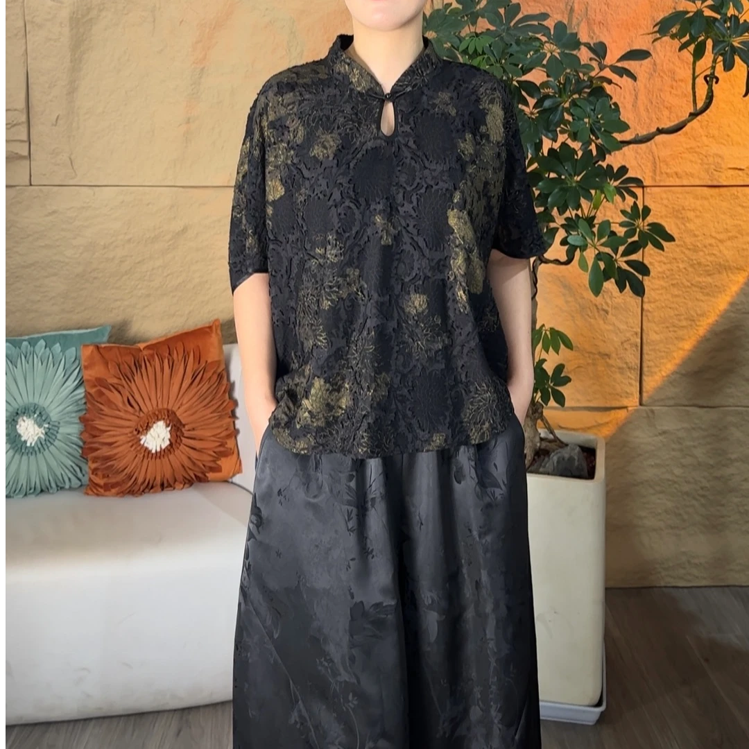 清静语qjy23014B黑金色气质显瘦新中式小上衣