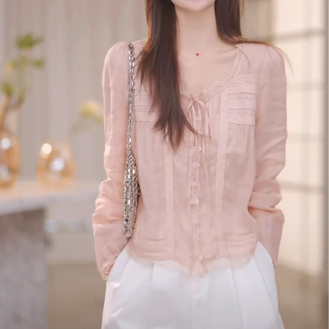 法式粉色蕾丝拼接长袖衬衫2025早秋新款温柔宽松显瘦气质百搭上衣