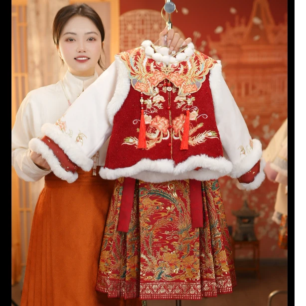 【凤 凰】新年战袍三件套套装女童冬装中国风明制长裙儿童拜年服