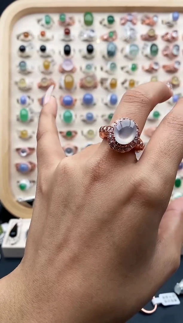 【闪购商品】翡翠戒指银S925镶嵌天然缅甸翡翠A货5555+2+