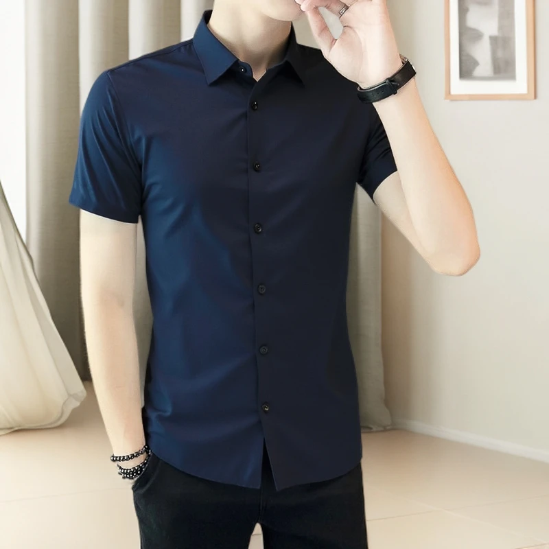 男士商务短袖衬衫夏季全无痕免烫高弹衬衣薄款休闲修身职业工装