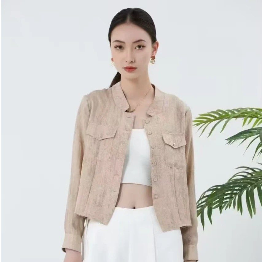 32182立领亚麻衬衫女长袖上衣