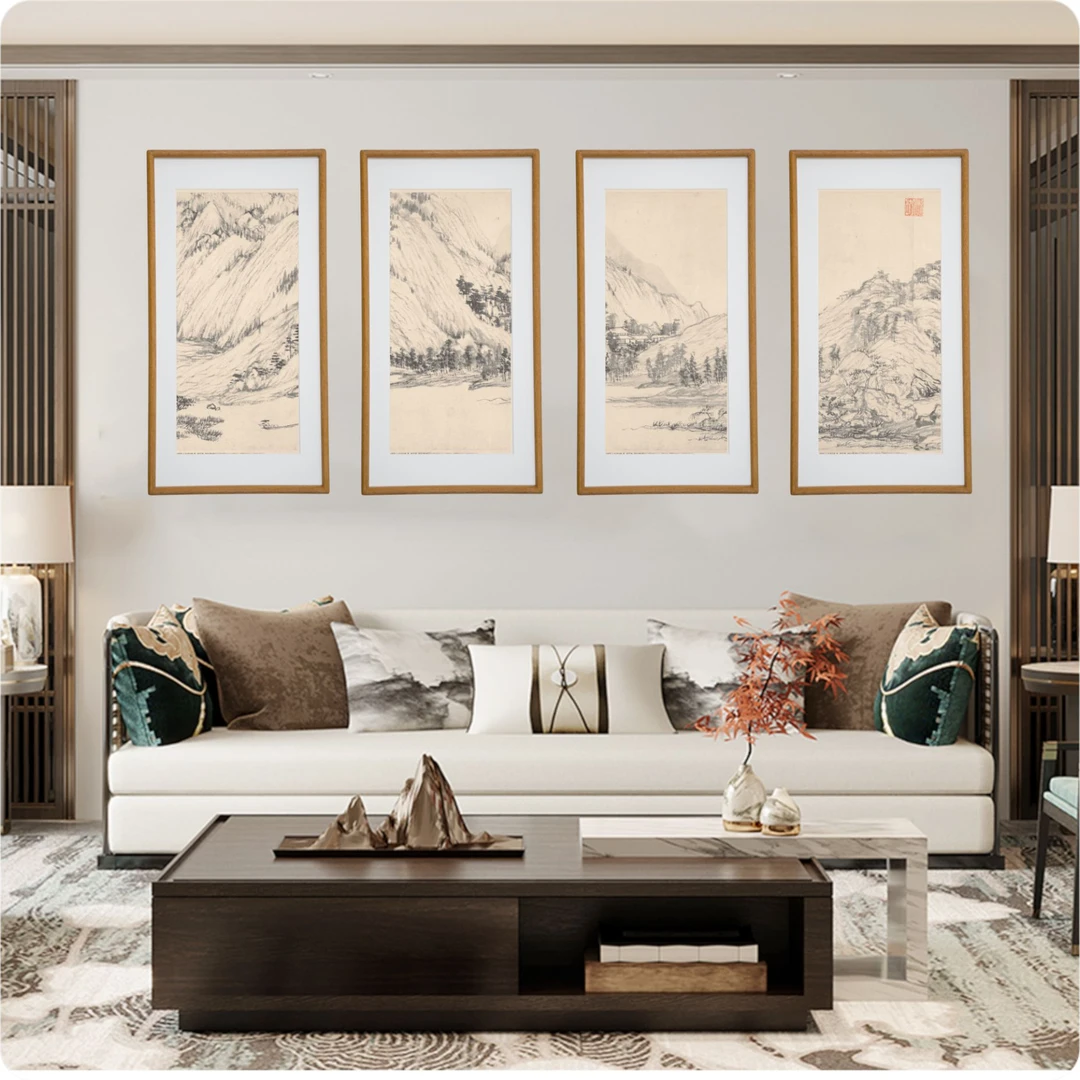 4联竖版 富春山居图 博物馆复刻版画 客厅书房装饰画 办公室挂画