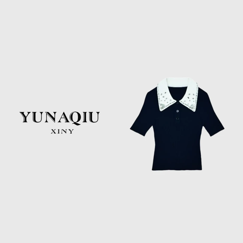 YUNAQIU毛衣毛衣针织衫上衣polo百搭夏季条纹设计师-8110