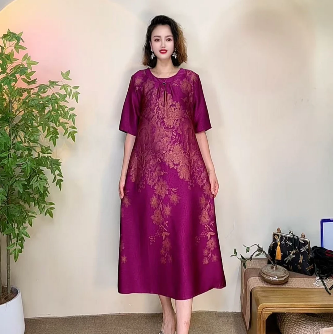 2025-66夏款【圆领富贵花】显瘦遮肚大摆宽松中袖气质连衣裙
