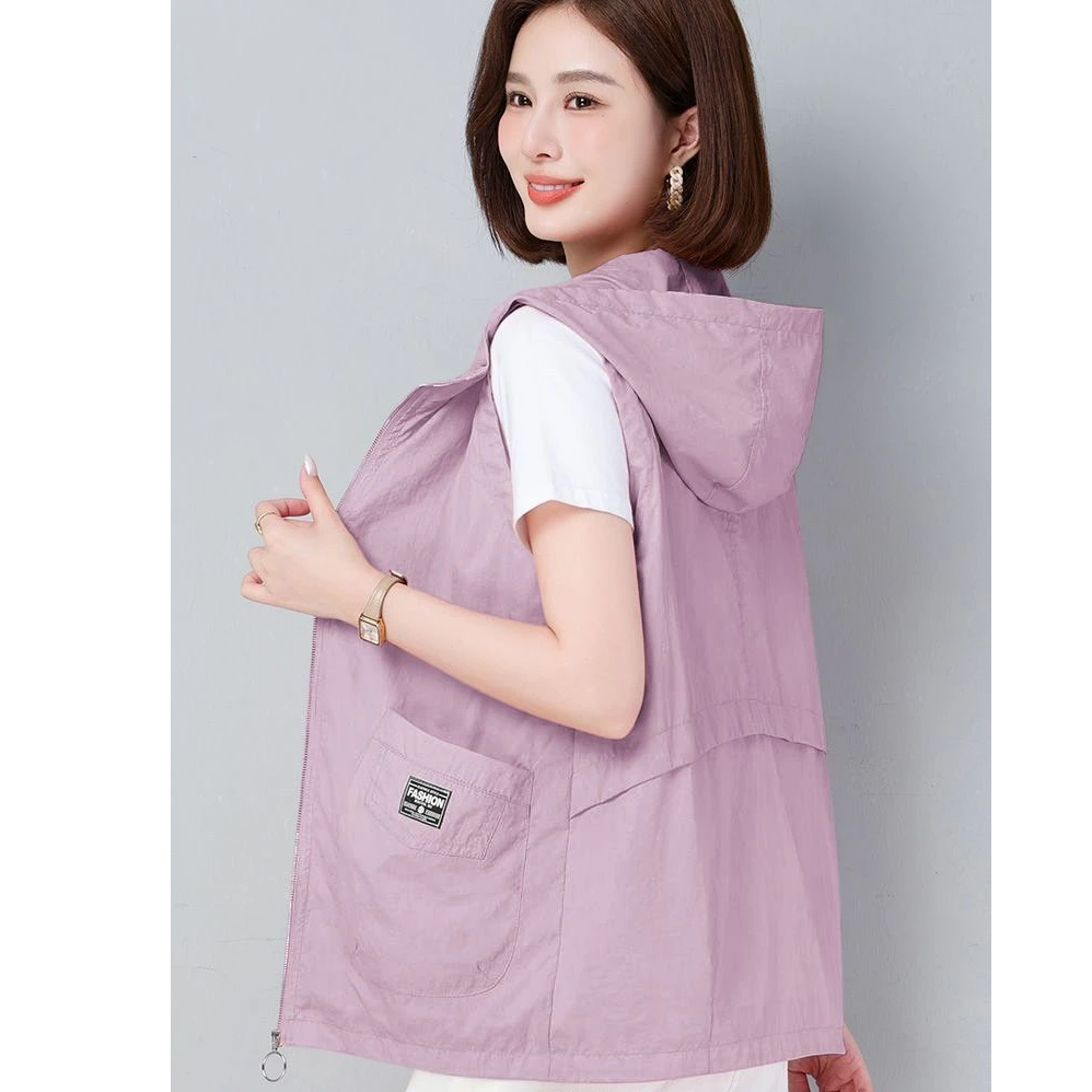 【带透气网】薄款马甲女夏短款外搭防晒背心大码宽松休闲连帽坎肩