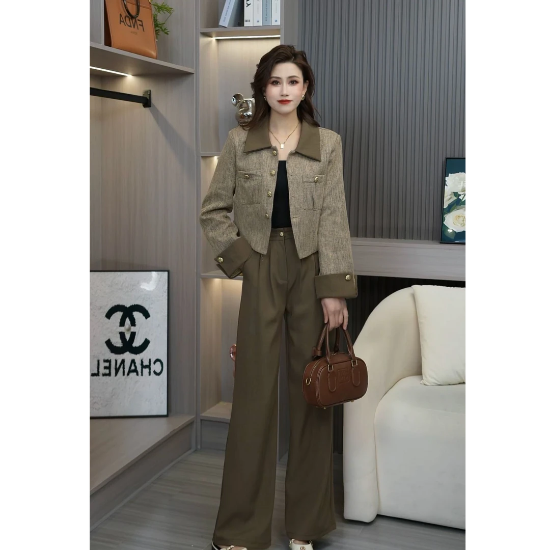 2025春季洋气小香风外套气质新款+高腰直筒阔腿裤两件套套装女潮