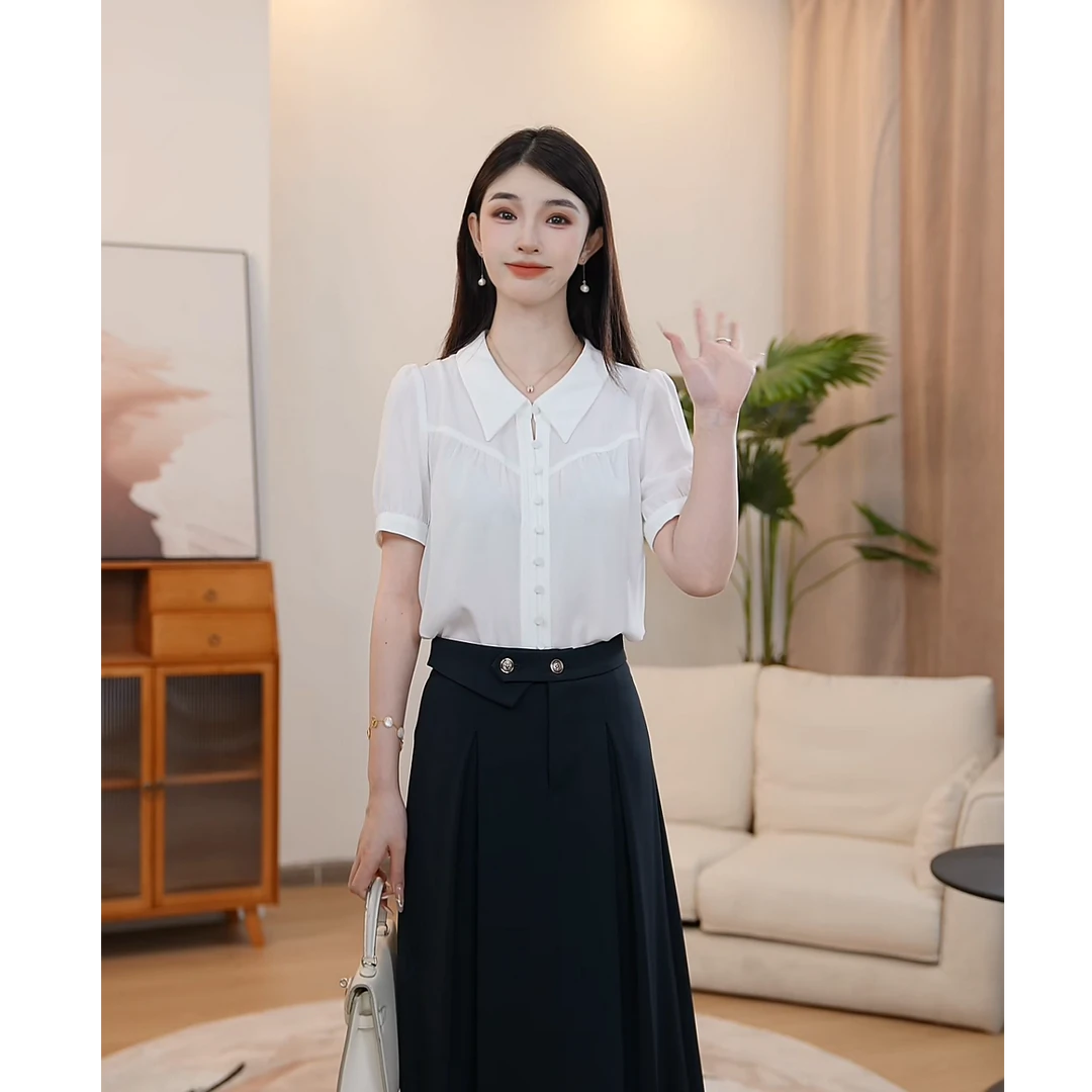 【曼贝】短袖设计感衬衫女2025夏季新款上衣气质衬衣8492118【珮珮】