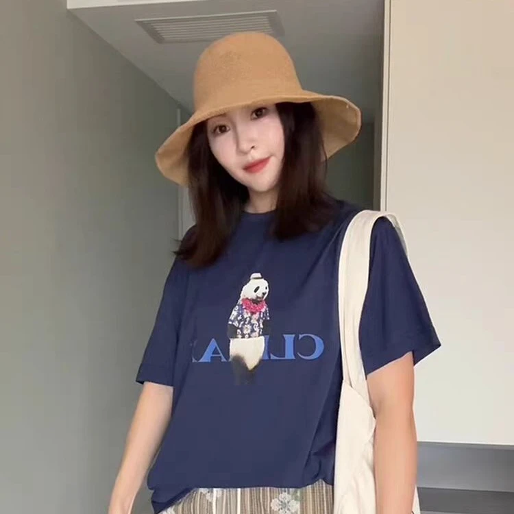 夏装轻熟小众不撞款熊猫字母印花藏青色短袖T恤2025超火减龄上衣