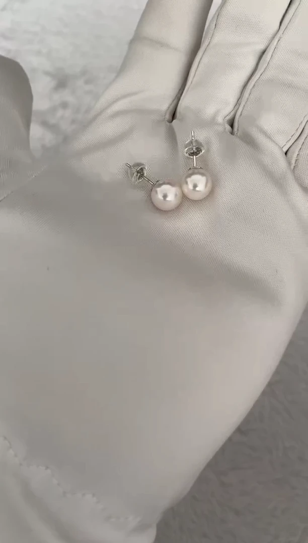 银S925镶嵌海水珍珠耳钉AK素钉8-8.5mm