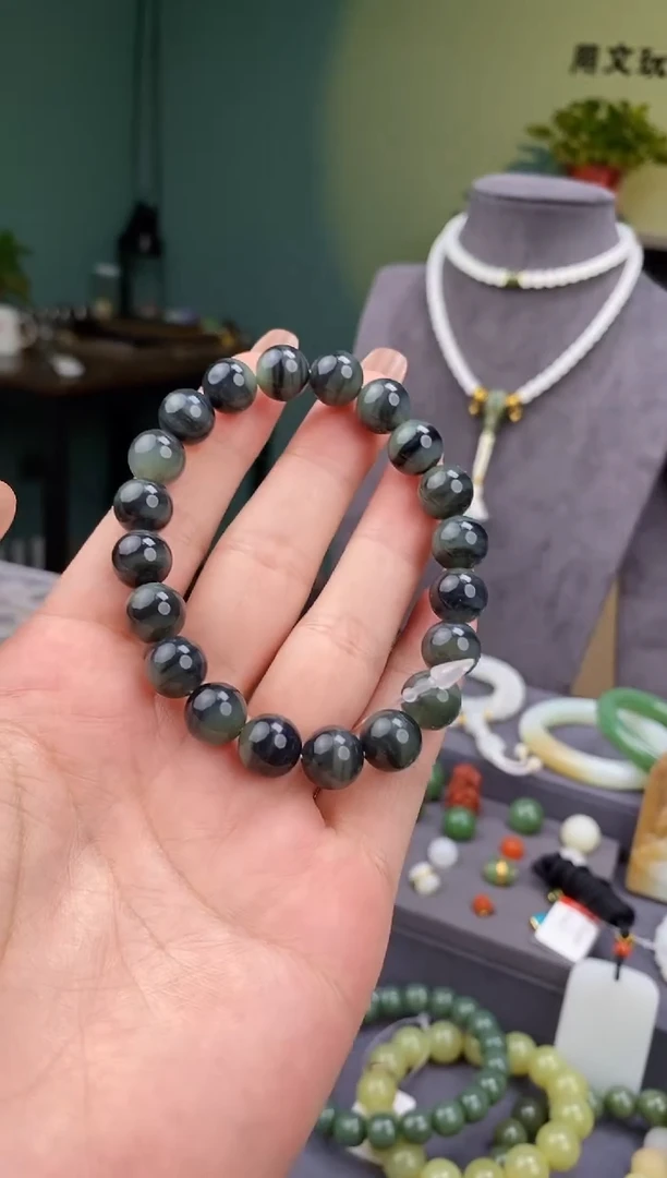 和田玉未镶嵌颈饰10mm青花圆珠手串