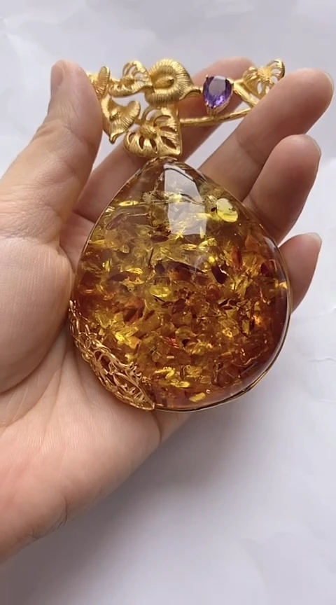 【闪购商品】琥珀裸石银S925镶嵌花珀吊坠